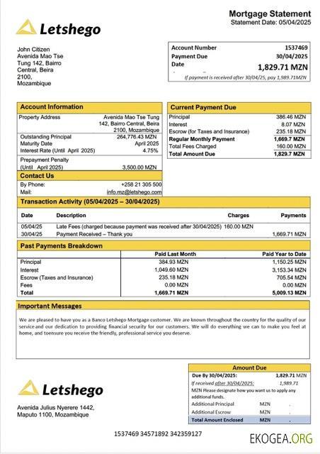 Modèle Word et PDF de relevé hypothécaire de la Banco Letshego du Mozambique